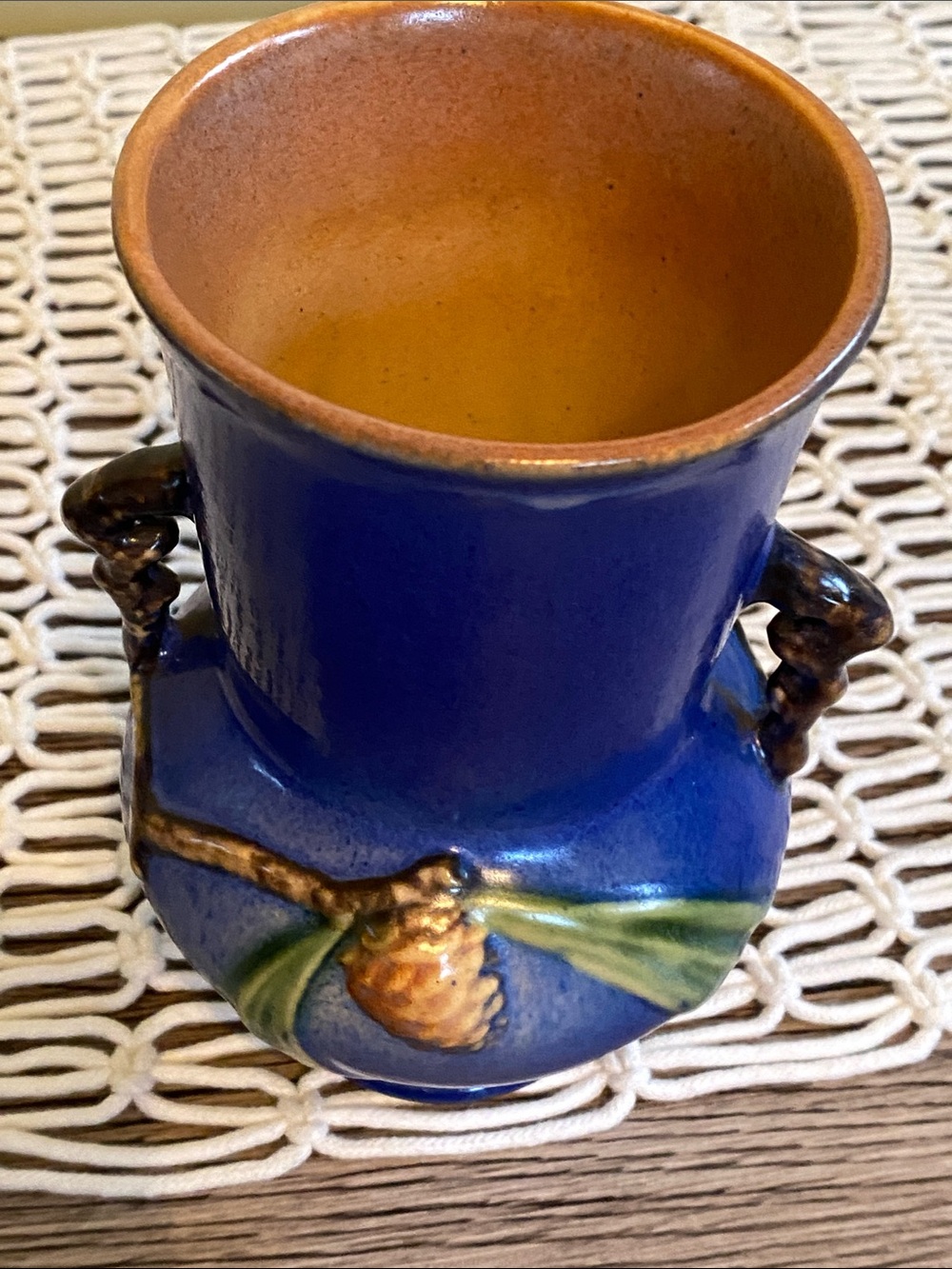 Vintage Blue Roseville Vase with Pinecone Accents 839-6 - Picture 11 of 16